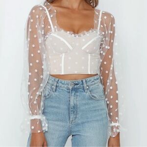 Hello Molly Malibu Sunset Polka Dot White and Beige Corset Style Crop Top